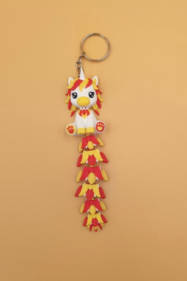 Uzun Kuyruk Serisi Sevimli Unicorn Figürlü Hareketli Anahtarlık (Büyük Boy-12CM) - Çanta Süsü Charm Sarı Kırmızı