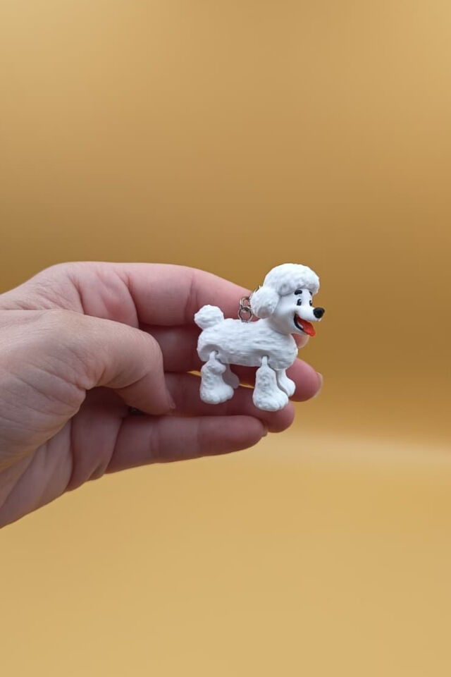 Hareketli Sevimli Beyaz Poodle (Kaniş) Köpek Figürlü Anahtarlık Çanta Süsü Charm