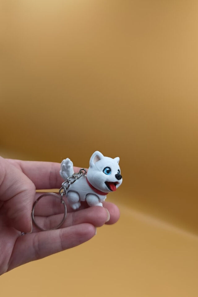 Sevimli Sibirya Kurdu (Husky) Köpek Hareketli Anahtarlık Çanta Süsü Charm Beyaz