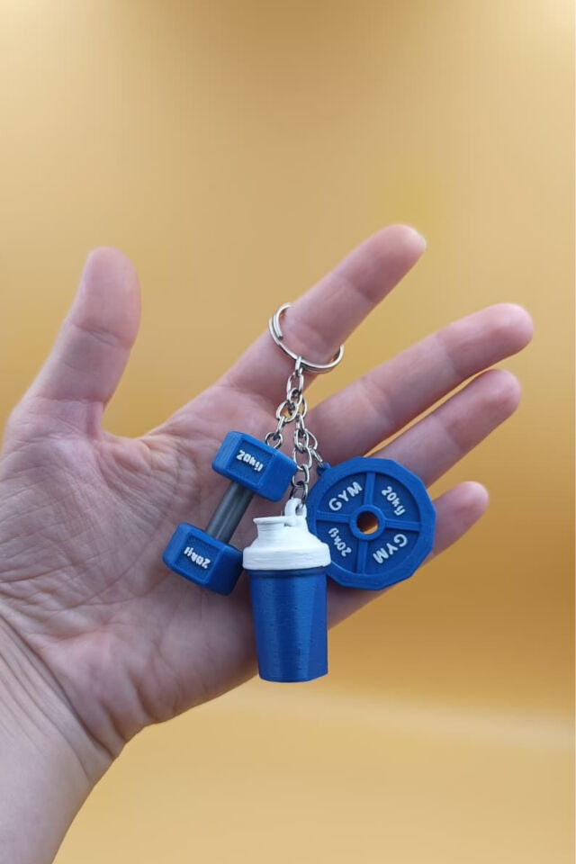 3'lü Sporcu Anahtarlığı - Dambıl, Ağırlık Plakası ve Shaker - Fitness Spor Gym Anahtarlık Çanta Süsü Charm Mavi