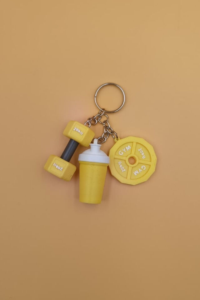 3'lü Sporcu Anahtarlığı - Dambıl, Ağırlık Plakası ve Shaker - Fitness Spor Gym Anahtarlık Çanta Süsü Charm Sarı