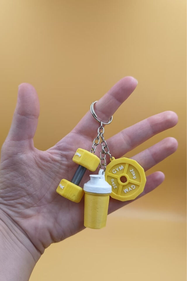 3'lü Sporcu Anahtarlığı - Dambıl, Ağırlık Plakası ve Shaker - Fitness Spor Gym Anahtarlık Çanta Süsü Charm Sarı