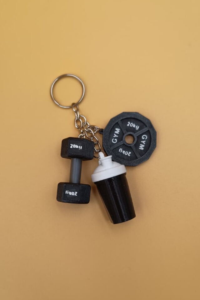 3'lü Sporcu Anahtarlığı - Dambıl, Ağırlık Plakası ve Shaker - Fitness Spor Gym Anahtarlık Çanta Süsü Charm Siyah