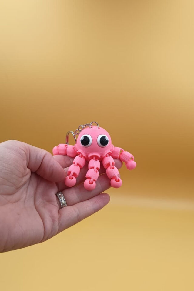 3D Baskı Hareketli Ahtapot Anahtarlık - Oynar Bacaklı Sevimli Figür Çanta Süsü Pembe