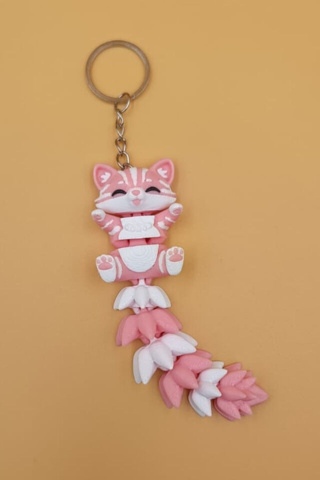 Uzun Kuyruk Serisi Kedi Figürlü Hareketli Anahtarlık (Büyük Boy-12CM) - Çanta Süsü Charm