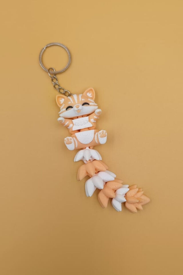 Uzun Kuyruk Serisi Kedi Figürlü Hareketli Anahtarlık (Büyük Boy-12CM) - Çanta Süsü Charm Şampanya