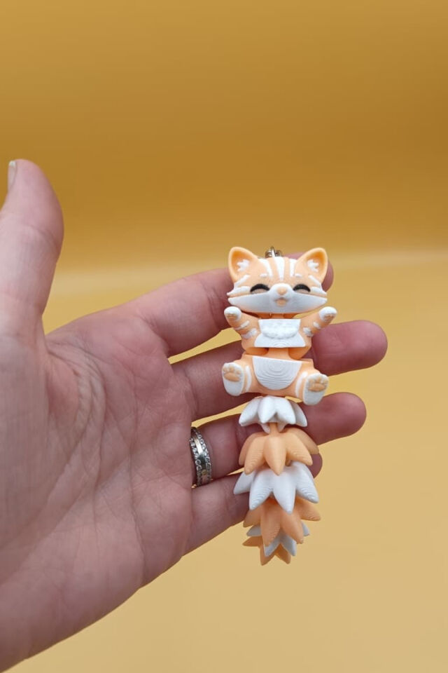 Uzun Kuyruk Serisi Kedi Figürlü Hareketli Anahtarlık (Büyük Boy-12CM) - Çanta Süsü Charm Şampanya