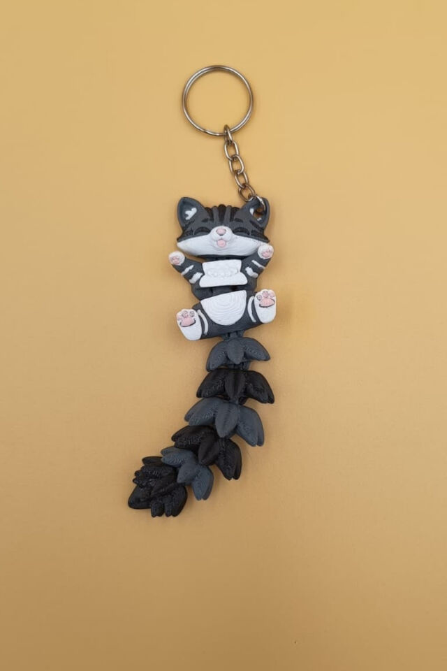 Uzun Kuyruk Serisi Kedi Figürlü Hareketli Anahtarlık (Büyük Boy-12CM) - Çanta Süsü Charm Gri