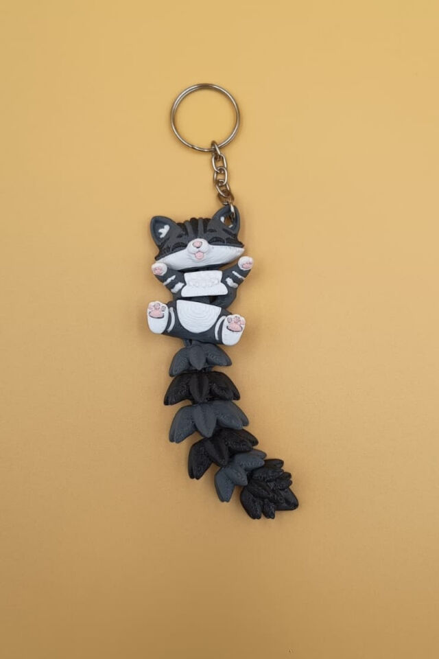 Uzun Kuyruk Serisi Kedi Figürlü Hareketli Anahtarlık (Büyük Boy-12CM) - Çanta Süsü Charm Gri