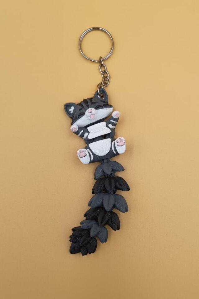 Uzun Kuyruk Serisi Kedi Figürlü Hareketli Anahtarlık (Büyük Boy-12CM) - Çanta Süsü Charm Gri