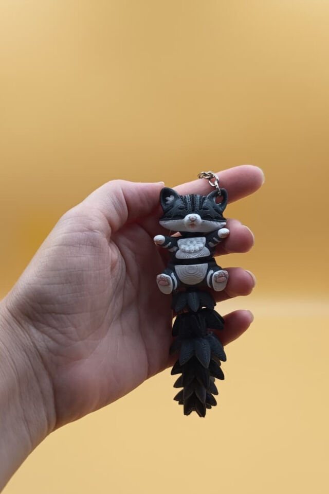 Uzun Kuyruk Serisi Kedi Figürlü Hareketli Anahtarlık (Büyük Boy-12CM) - Çanta Süsü Charm Gri