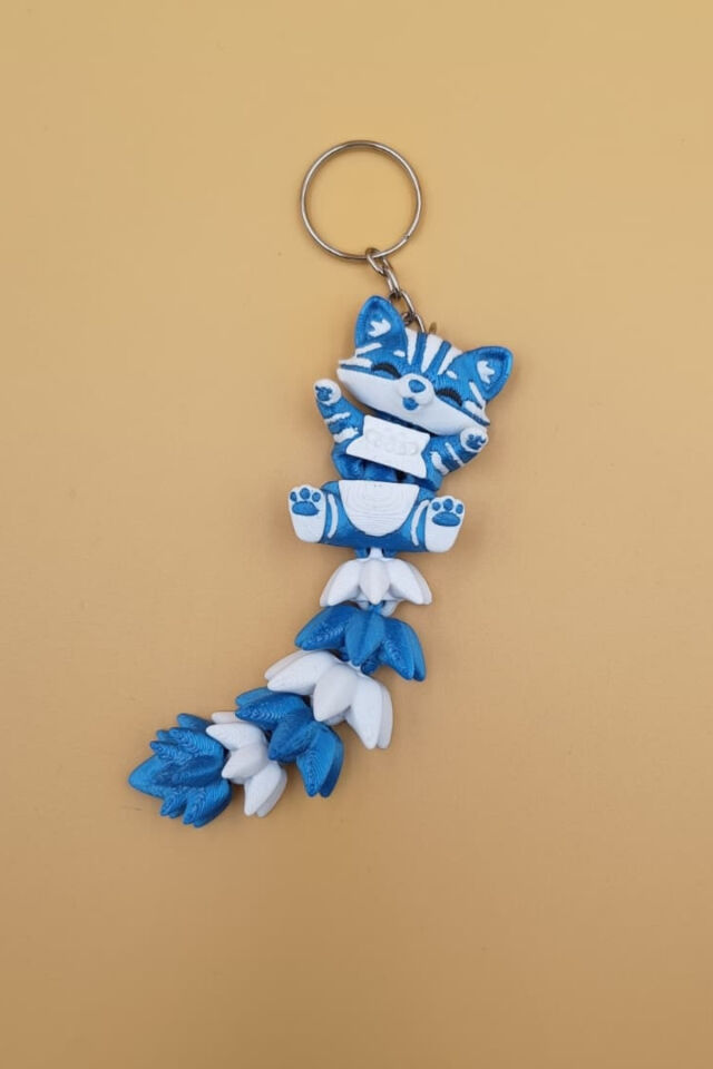 Uzun Kuyruk Serisi Kedi Figürlü Hareketli Anahtarlık (Büyük Boy-12CM) - Çanta Süsü Charm Mavi