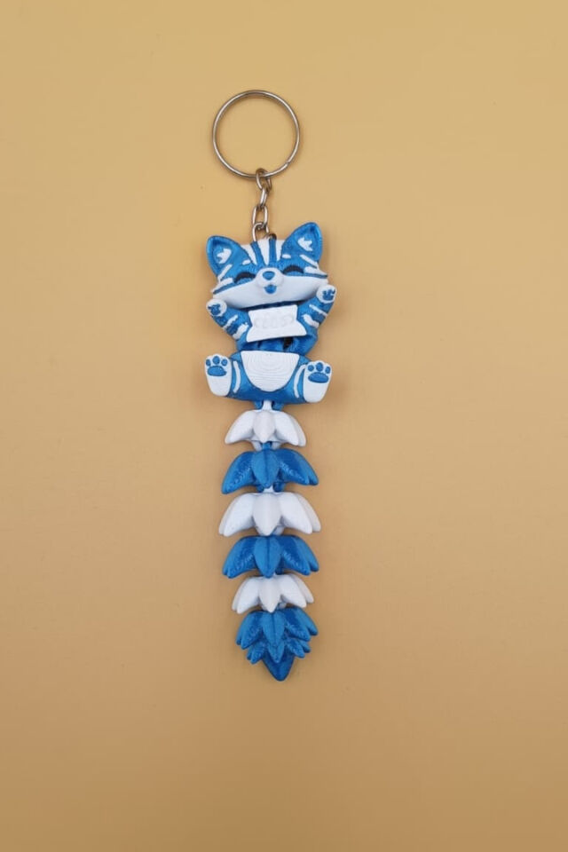 Uzun Kuyruk Serisi Kedi Figürlü Hareketli Anahtarlık (Büyük Boy-12CM) - Çanta Süsü Charm Mavi