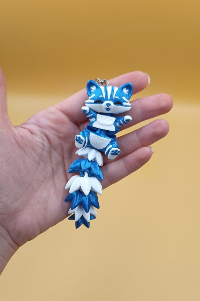 Uzun Kuyruk Serisi Kedi Figürlü Hareketli Anahtarlık (Büyük Boy-12CM) - Çanta Süsü Charm Mavi