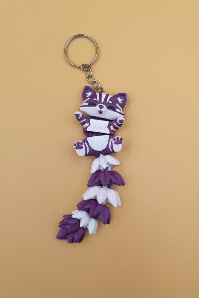 Uzun Kuyruk Serisi Kedi Figürlü Hareketli Anahtarlık (Büyük Boy-12CM) - Çanta Süsü Charm Mor