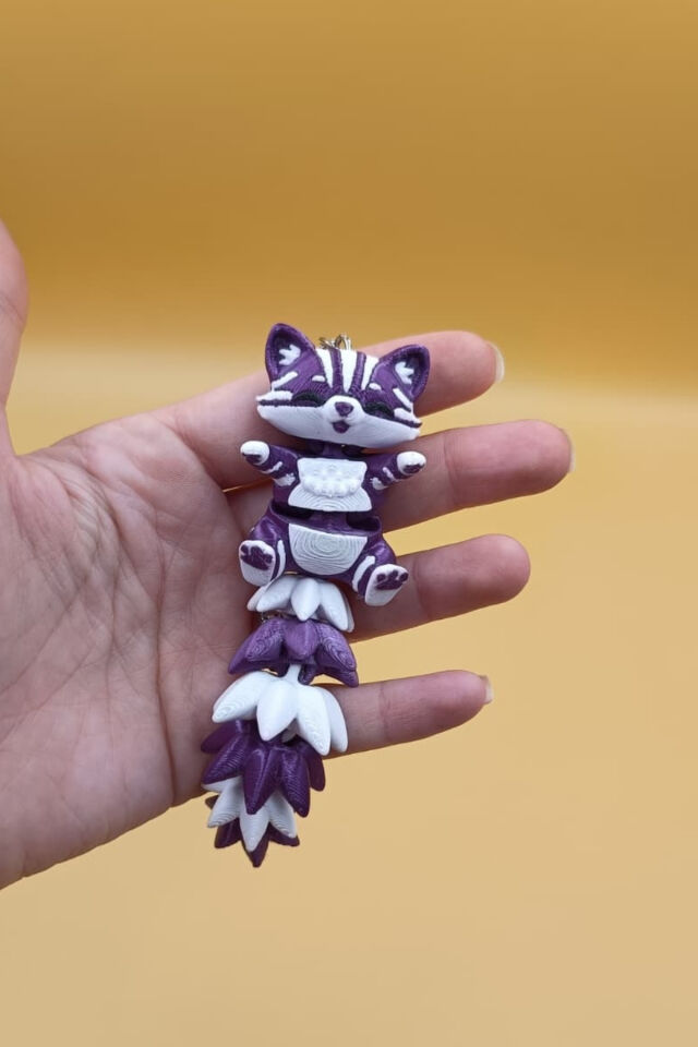 Uzun Kuyruk Serisi Kedi Figürlü Hareketli Anahtarlık (Büyük Boy-12CM) - Çanta Süsü Charm Mor