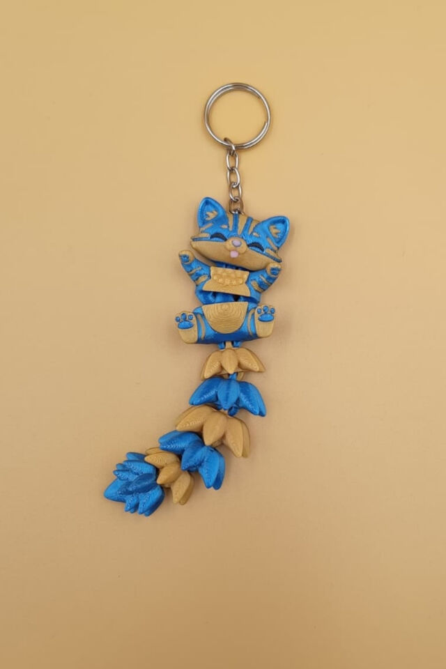 Uzun Kuyruk Serisi Kedi Figürlü Hareketli Anahtarlık (Büyük Boy-12CM) - Çanta Süsü Charm Sarı Lacivert