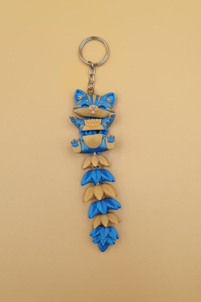 Uzun Kuyruk Serisi Kedi Figürlü Hareketli Anahtarlık (Büyük Boy-12CM) - Çanta Süsü Charm Sarı Lacivert