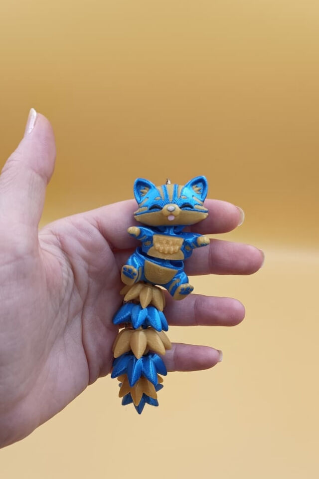 Uzun Kuyruk Serisi Kedi Figürlü Hareketli Anahtarlık (Büyük Boy-12CM) - Çanta Süsü Charm Sarı Lacivert