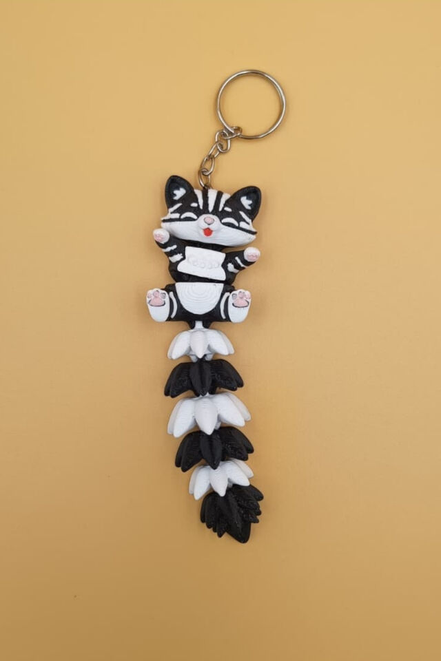 Uzun Kuyruk Serisi Kedi Figürlü Hareketli Anahtarlık (Büyük Boy-12CM) - Çanta Süsü Charm Siyah Beyaz
