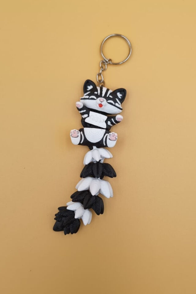 Uzun Kuyruk Serisi Kedi Figürlü Hareketli Anahtarlık (Büyük Boy-12CM) - Çanta Süsü Charm Siyah Beyaz