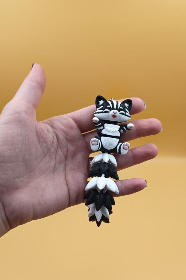 Uzun Kuyruk Serisi Kedi Figürlü Hareketli Anahtarlık (Büyük Boy-12CM) - Çanta Süsü Charm Siyah Beyaz