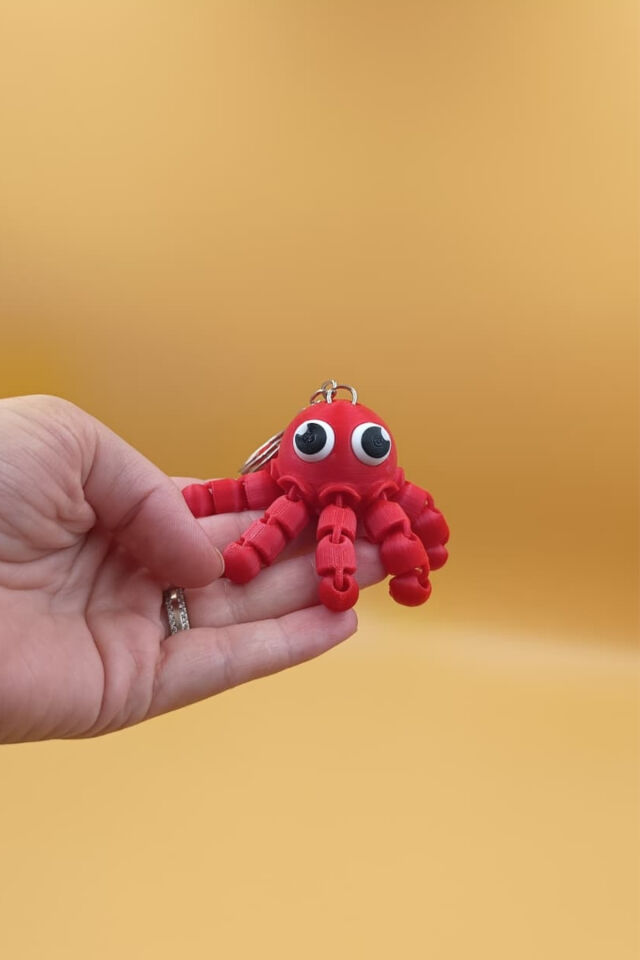 3D Baskı Hareketli Ahtapot Anahtarlık - Oynar Bacaklı Sevimli Figür Çanta Süsü Kırmızı