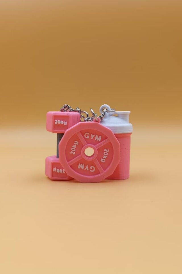 3'lü Sporcu Anahtarlığı - Dambıl, Ağırlık Plakası ve Shaker - Fitness Spor Gym Anahtarlık Çanta Süsü Charm Pembe