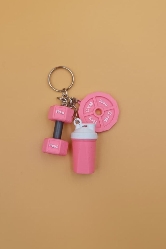 3'lü Sporcu Anahtarlığı - Dambıl, Ağırlık Plakası ve Shaker - Fitness Spor Gym Anahtarlık Çanta Süsü Charm Pembe