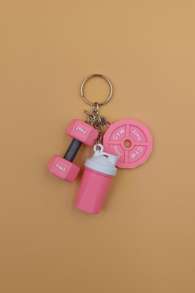3'lü Sporcu Anahtarlığı - Dambıl, Ağırlık Plakası ve Shaker - Fitness Spor Gym Anahtarlık Çanta Süsü Charm Pembe