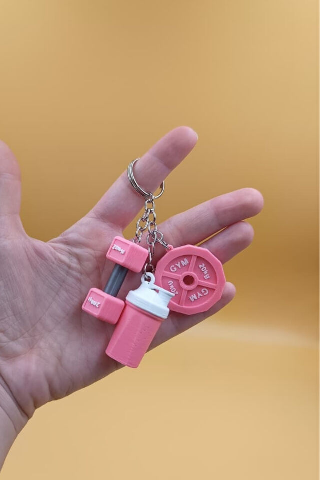 3'lü Sporcu Anahtarlığı - Dambıl, Ağırlık Plakası ve Shaker - Fitness Spor Gym Anahtarlık Çanta Süsü Charm Pembe