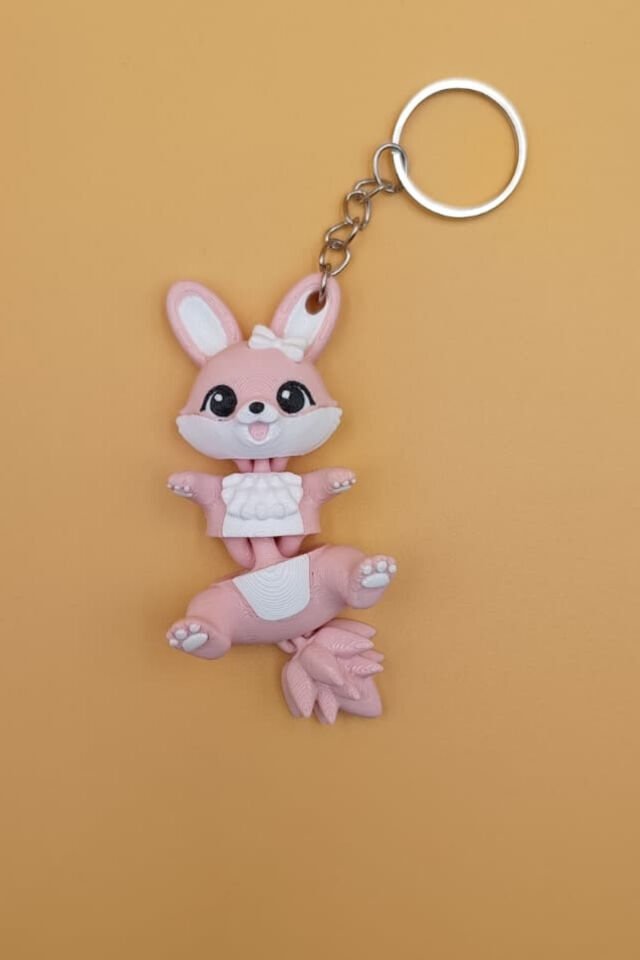 Süslü Kuyruk Serisi Şirin Tavşan Figürlü Hareketli Anahtarlık (9CM)- Çanta Süsü Charm Açık Pembe