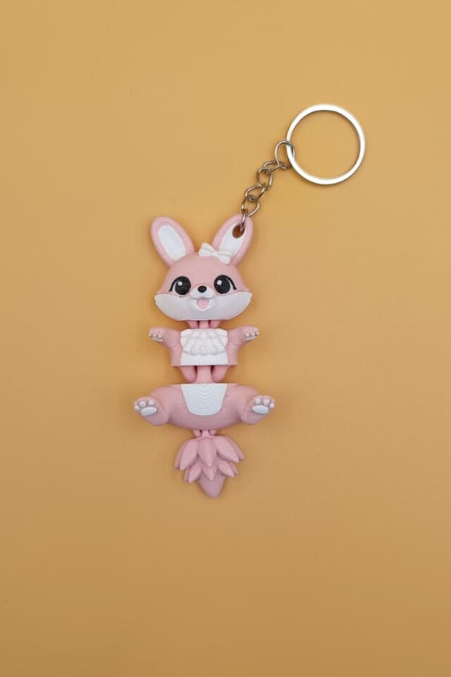 Süslü Kuyruk Serisi Şirin Tavşan Figürlü Hareketli Anahtarlık (9CM)- Çanta Süsü Charm Açık Pembe