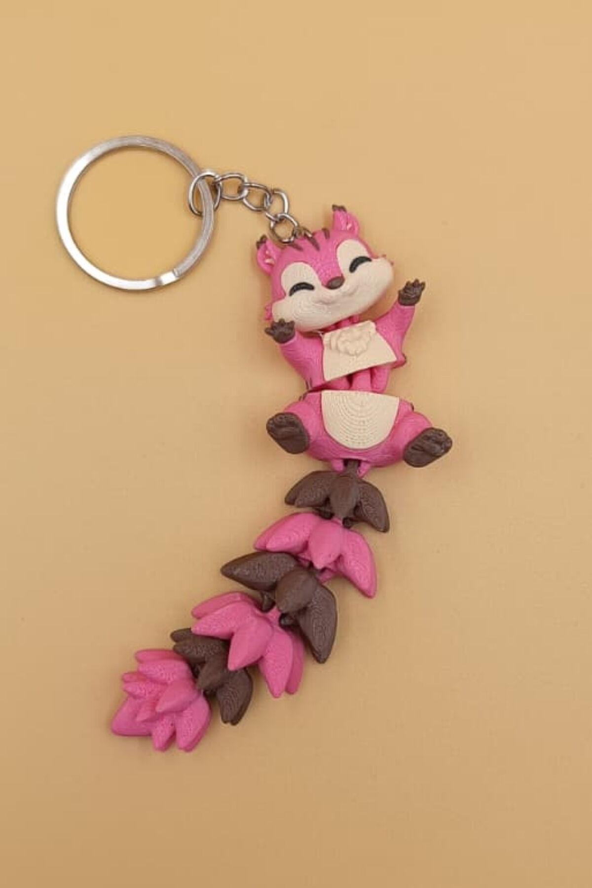 Uzun Kuyruk Serisi Sincap Figürlü Hareketli Anahtarlık (Büyük Boy-12CM) - Çanta Süsü Charm Pembe