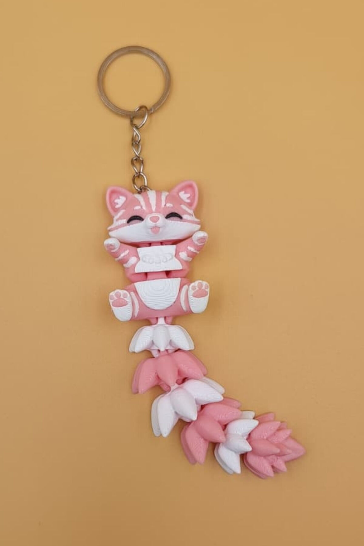 Uzun Kuyruk Serisi Kedi Figürlü Hareketli Anahtarlık (Büyük Boy-12CM) - Çanta Süsü Charm Açık Pembe