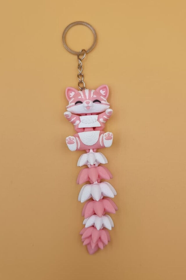 Uzun Kuyruk Serisi Kedi Figürlü Hareketli Anahtarlık (Büyük Boy-12CM) - Çanta Süsü Charm Açık Pembe