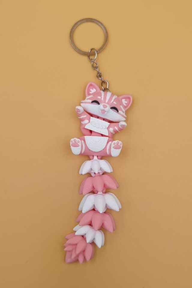 Uzun Kuyruk Serisi Kedi Figürlü Hareketli Anahtarlık (Büyük Boy-12CM) - Çanta Süsü Charm Açık Pembe