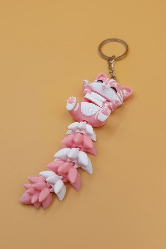 Uzun Kuyruk Serisi Kedi Figürlü Hareketli Anahtarlık (Büyük Boy-12CM) - Çanta Süsü Charm Açık Pembe