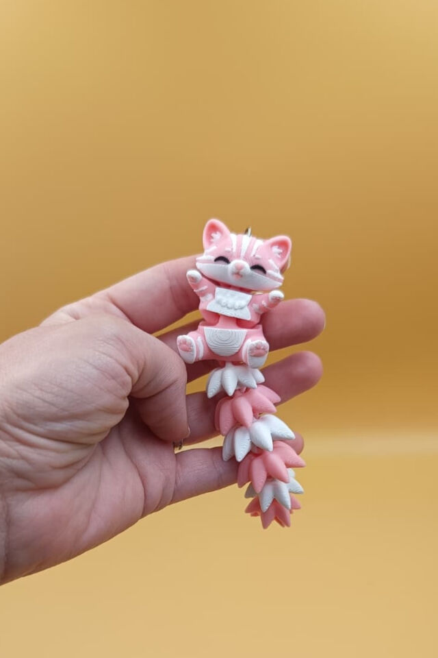 Uzun Kuyruk Serisi Kedi Figürlü Hareketli Anahtarlık (Büyük Boy-12CM) - Çanta Süsü Charm Açık Pembe