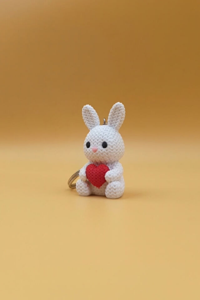 Örgü Desenli Sevimli Havuçlu Beyaz Tavşan Tasarımlı Anahtarlık (Plastik)-  Çanta Süsü Charm Kalp