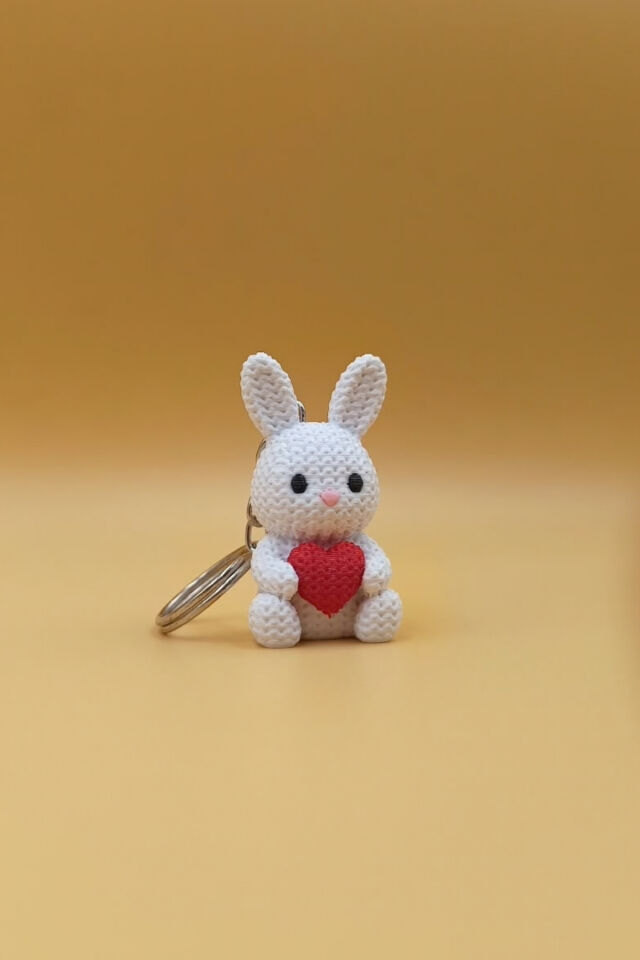 Örgü Desenli Sevimli Havuçlu Beyaz Tavşan Tasarımlı Anahtarlık (Plastik)-  Çanta Süsü Charm Kalp